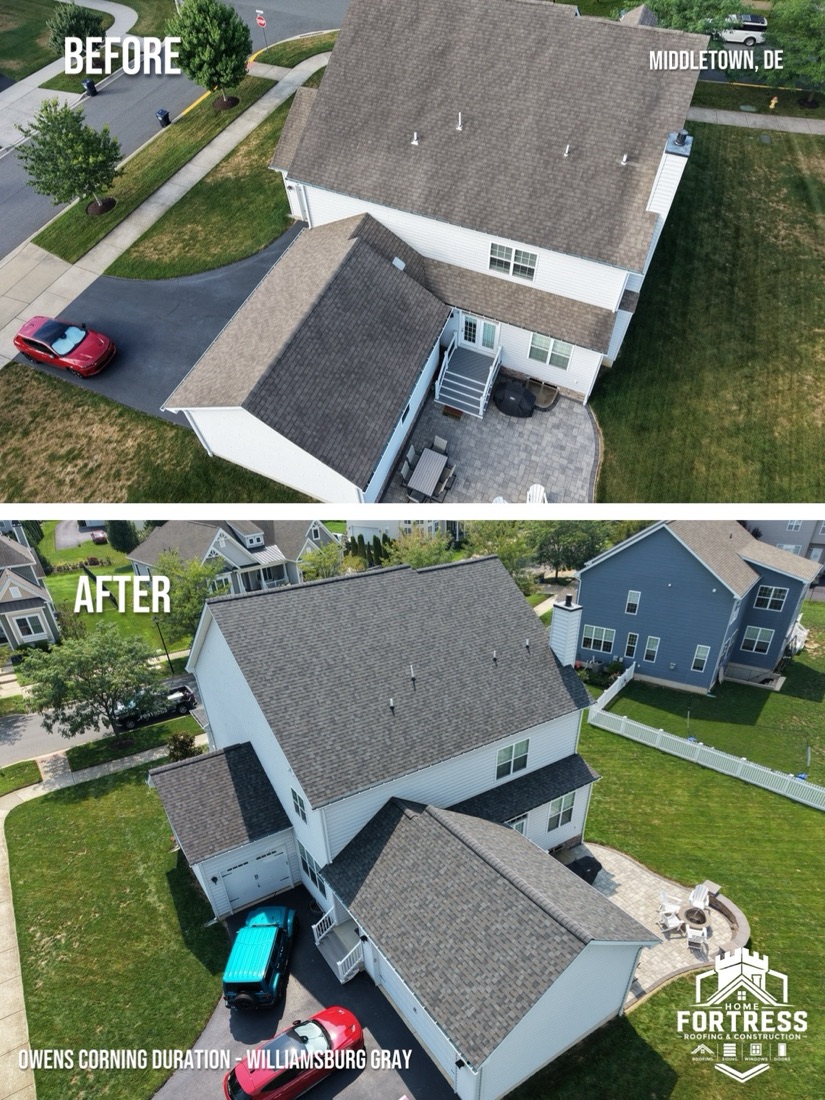Before and after full roof replacement on a two-story colonial in Middletown, DE using Owens Corning Duration shingles in Williamsburg Gray