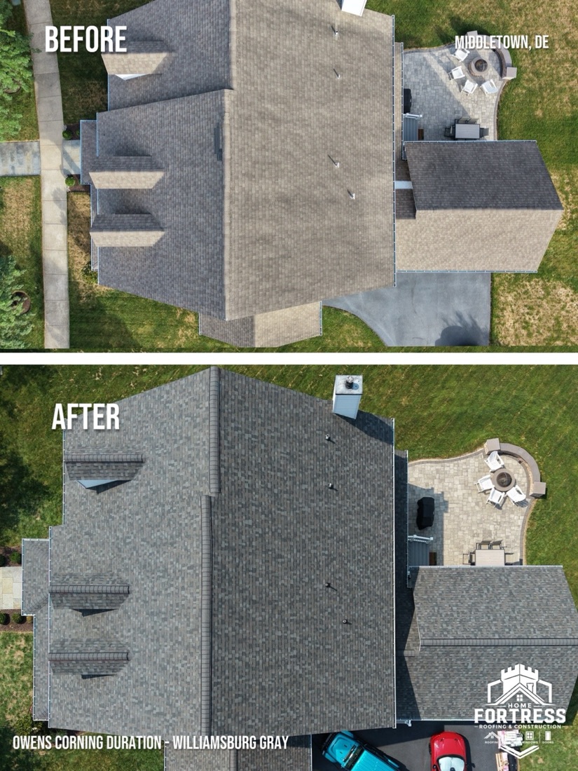 Before and after full roof replacement on a multi-gable home in Middletown, DE using Owens Corning Duration shingles in Williamsburg Gray