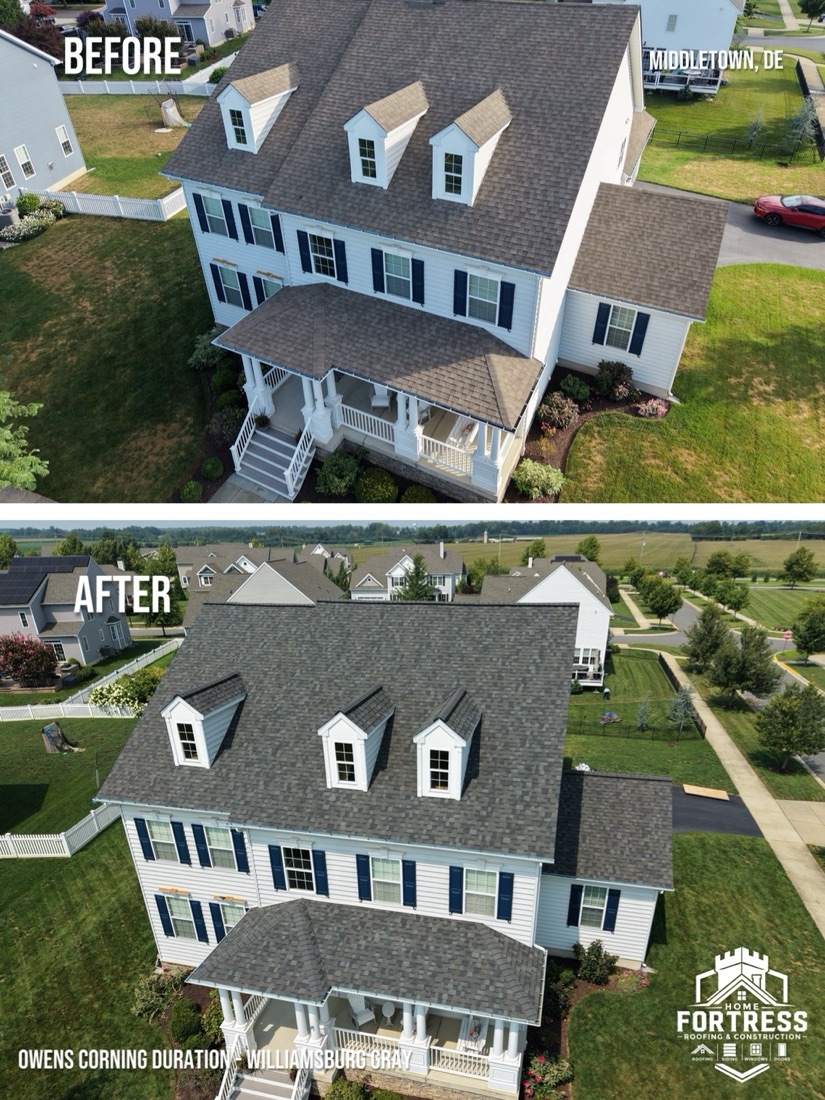 Before and after full roof replacement on a front-porch colonial in Middletown, DE using Owens Corning Duration shingles in Williamsburg Gray